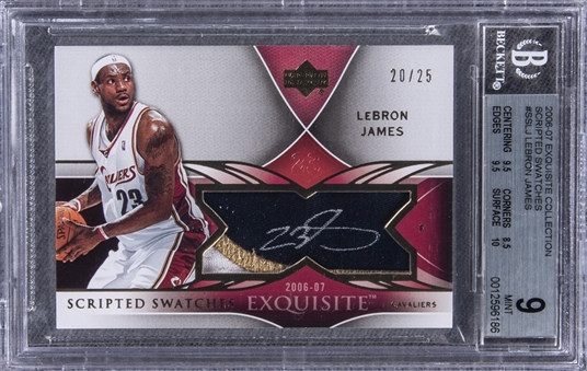 2006-07 UD "Exquisite Collection" Scripted Swatches #SS-LJ LeBron James Signed Game Used Patch Card (#20/25) – BGS MINT 9/BGS 10